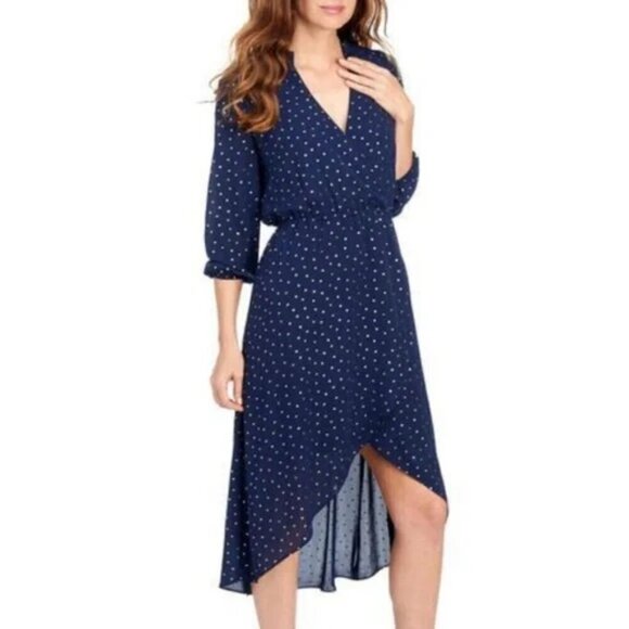 Laundry By Shelli Segal Dress Womens Size 12 Navy Gold Polka Dot High Low Midi - Picture 1 of 7